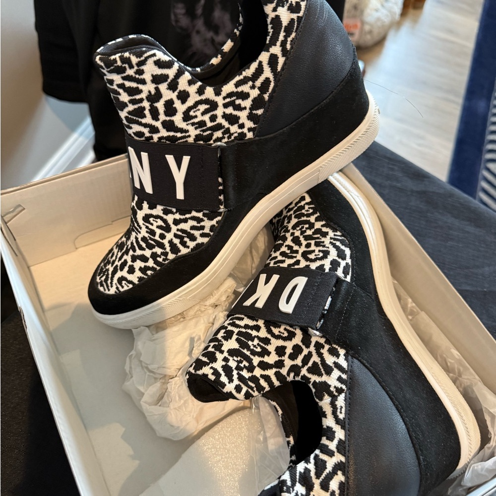 DKNY Black and White Leopard Print Sneakers